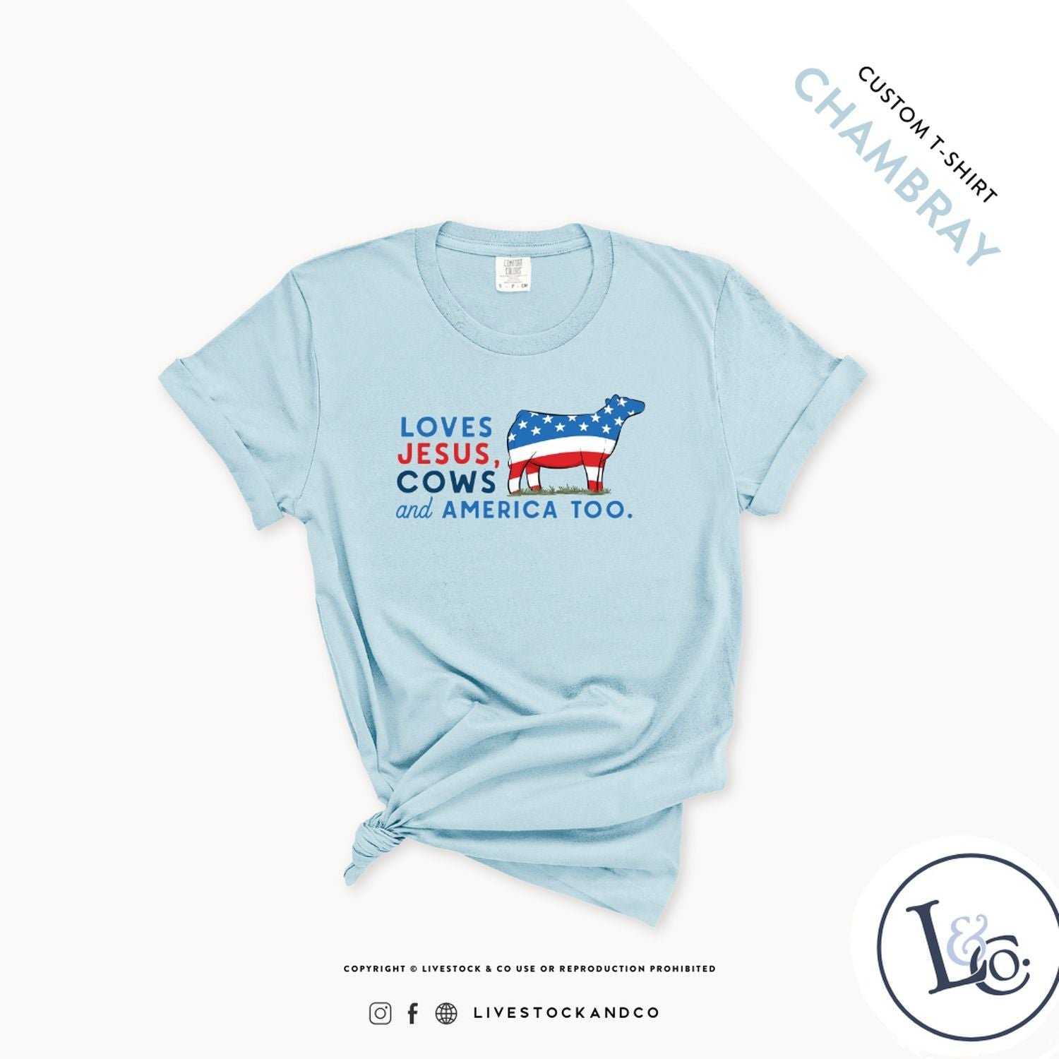 Custom Made Loves Jesus, Cows and America Too - Youth T-Shirt Stock Show Livestock - Livestock &amp;amp; Co. Boutique