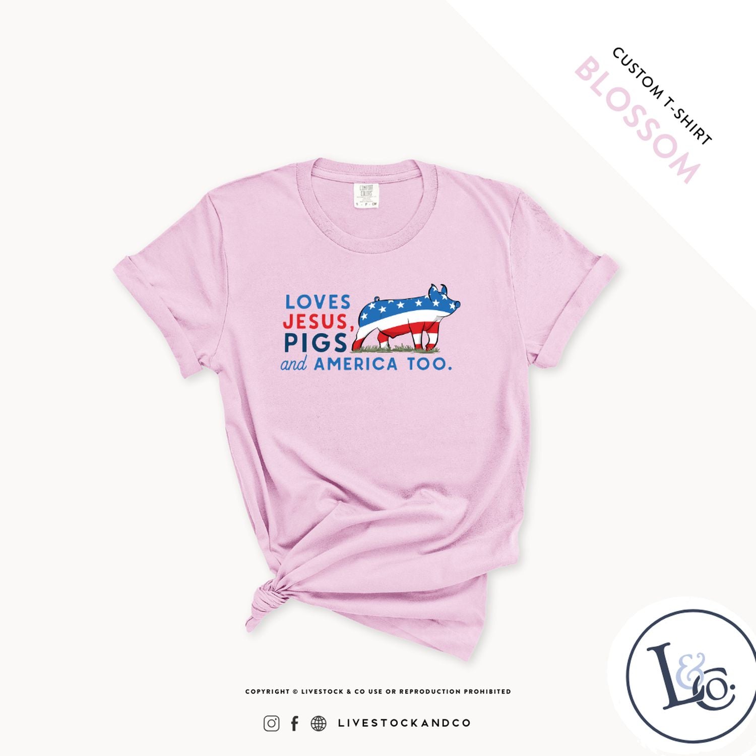 Custom Made Loves Jesus, Pigs and America Too - Adult T-Shirt Stock Show Livestock - Livestock &amp;amp; Co. Boutique