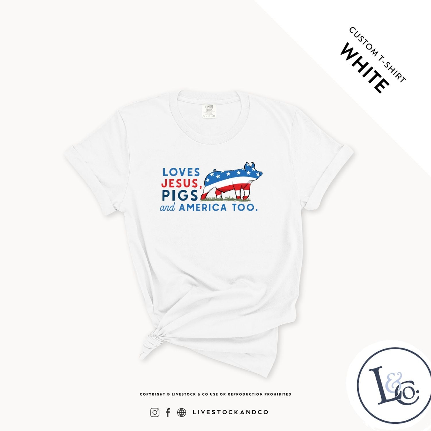 Custom Made Loves Jesus, Pigs and America Too - Youth T-Shirt Stock Show Livestock - Livestock &amp;amp; Co. Boutique