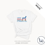 Custom Made Loves Jesus, Sheep and America Too - Adult T-Shirt Stock Show Livestock - Livestock &amp; Co. Boutique